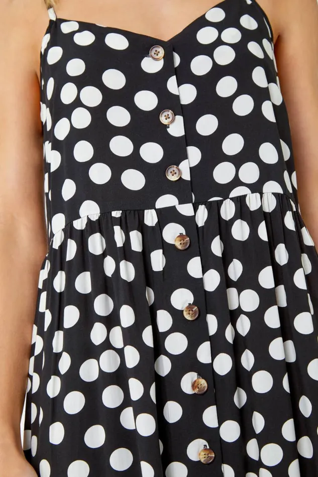 Women Black Sleeveless Polka Dot Print Midi Dress Roman Dresses