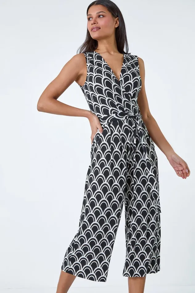 Women Black Sleeveless Shell Print Stretch Jumpsuit Roman Dresses