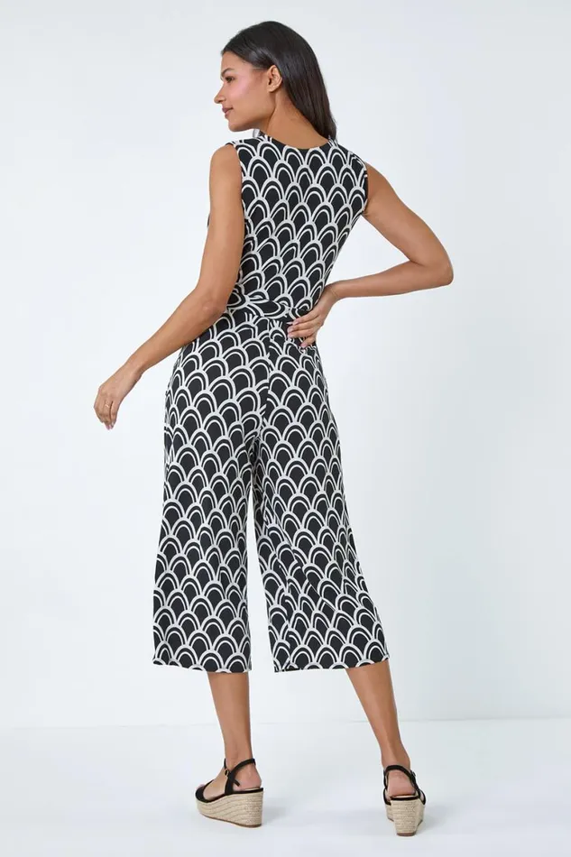 Women Black Sleeveless Shell Print Stretch Jumpsuit Roman Dresses