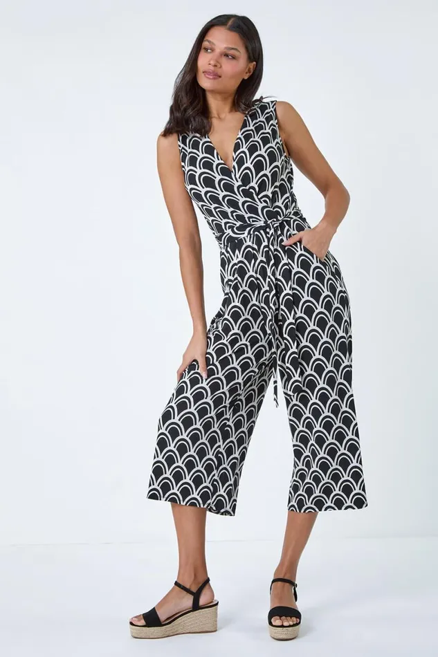 Women Black Sleeveless Shell Print Stretch Jumpsuit Roman Dresses