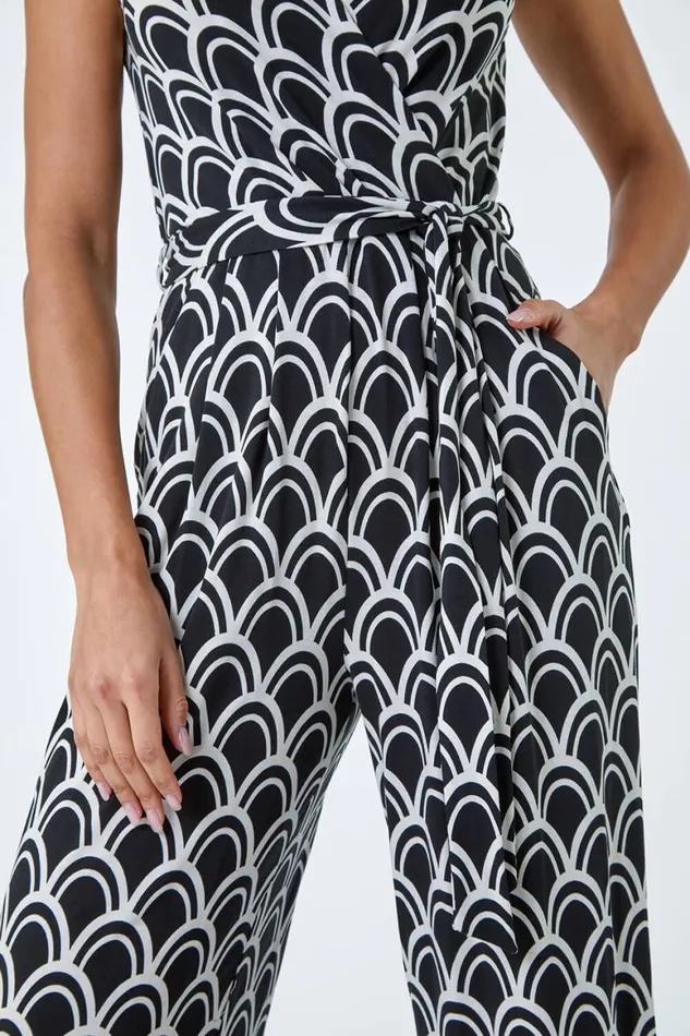Women Black Sleeveless Shell Print Stretch Jumpsuit Roman Dresses