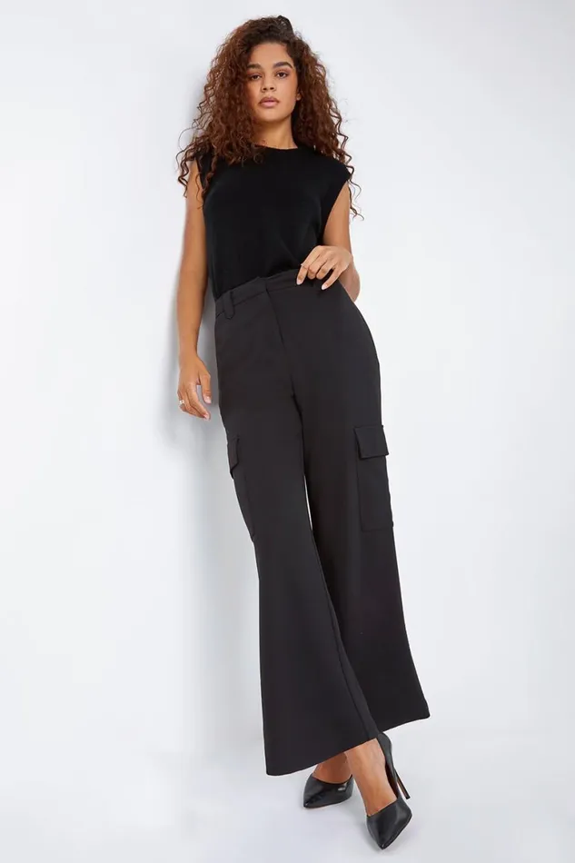 Women Black Smart Wide Leg Cargo Stretch Trouser Roman Trousers