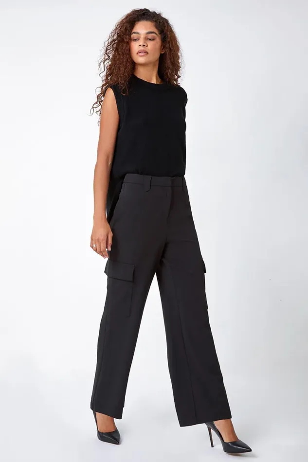 Women Black Smart Wide Leg Cargo Stretch Trouser Roman Trousers