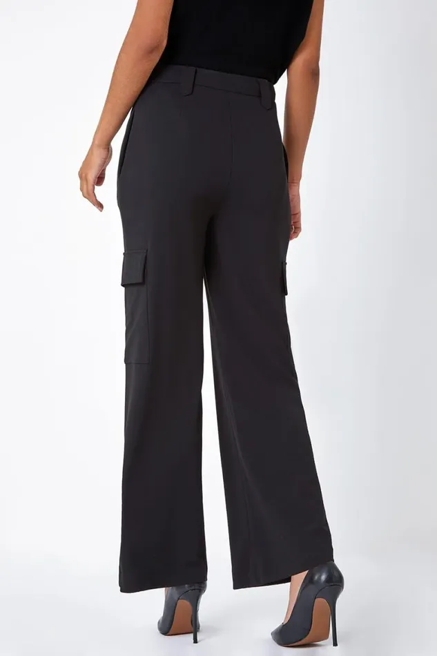 Women Black Smart Wide Leg Cargo Stretch Trouser Roman Trousers