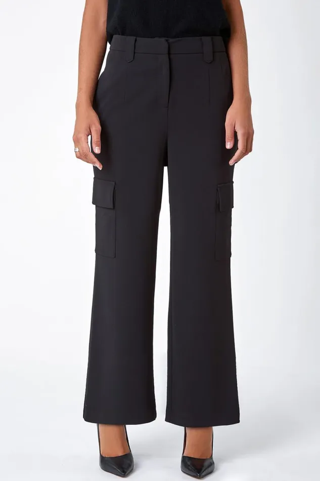 Women Black Smart Wide Leg Cargo Stretch Trouser Roman Trousers