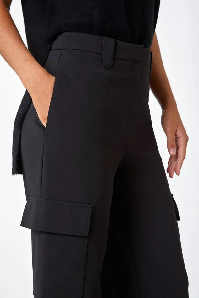 Women Black Smart Wide Leg Cargo Stretch Trouser Roman Trousers