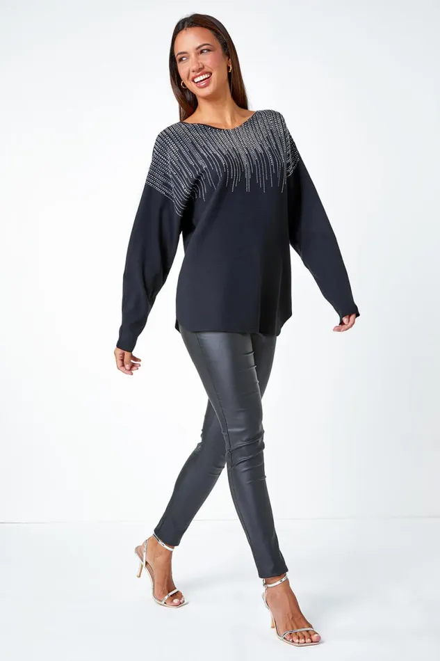 Women Black Sparkle Embellished VNeck Knit Jumper Roman Knitwear