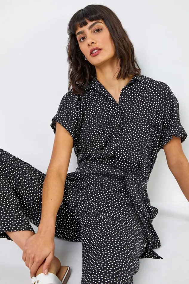 Women Black Spot Print Collared Jumpsuit Roman Dresses