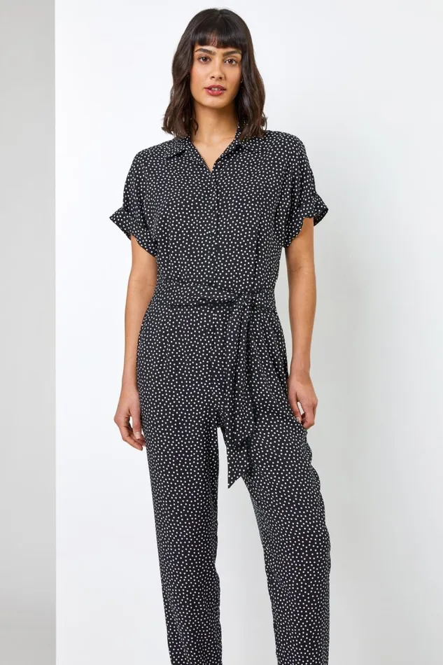 Women Black Spot Print Collared Jumpsuit Roman Dresses