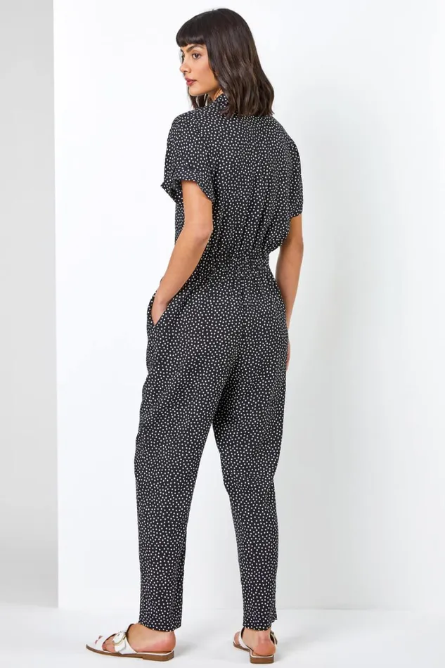 Women Black Spot Print Collared Jumpsuit Roman Dresses
