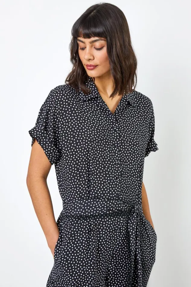 Women Black Spot Print Collared Jumpsuit Roman Dresses
