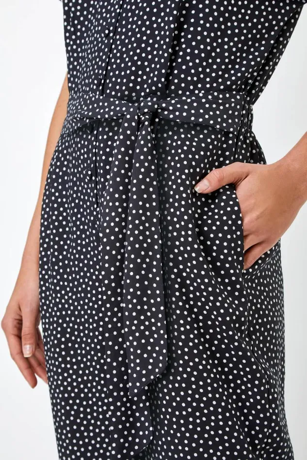 Women Black Spot Print Collared Jumpsuit Roman Dresses