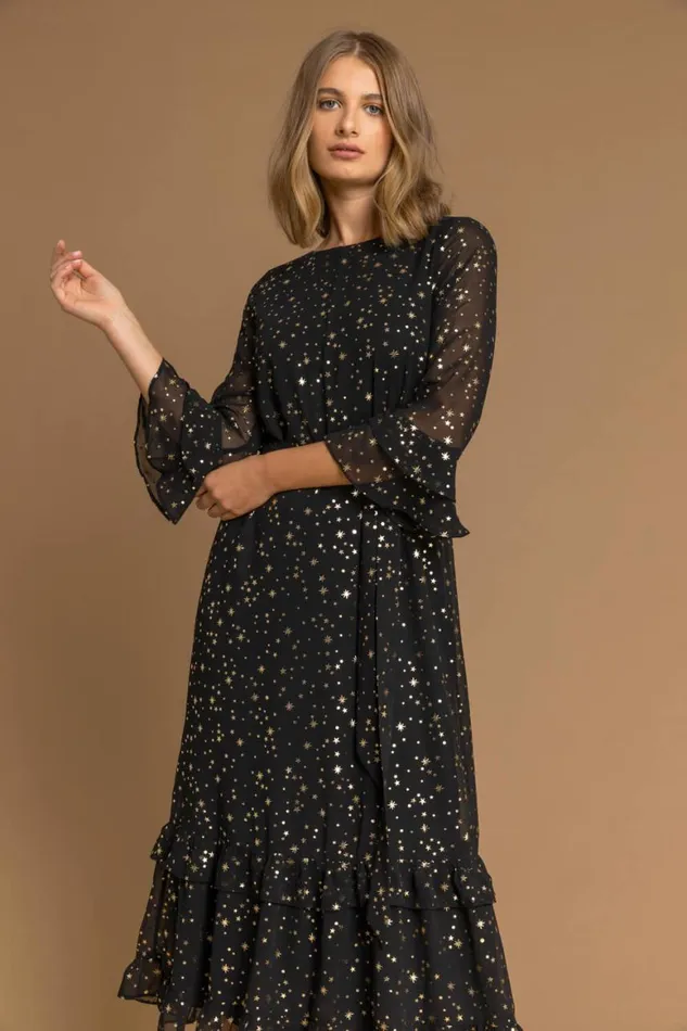 Women Black Star Foil Print Frill Dress Roman Dresses