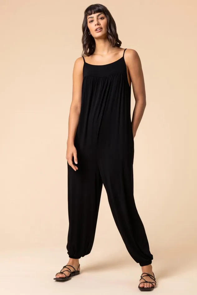 Women Black Strappy Full Length Jersey Jumpsuit Roman Dresses