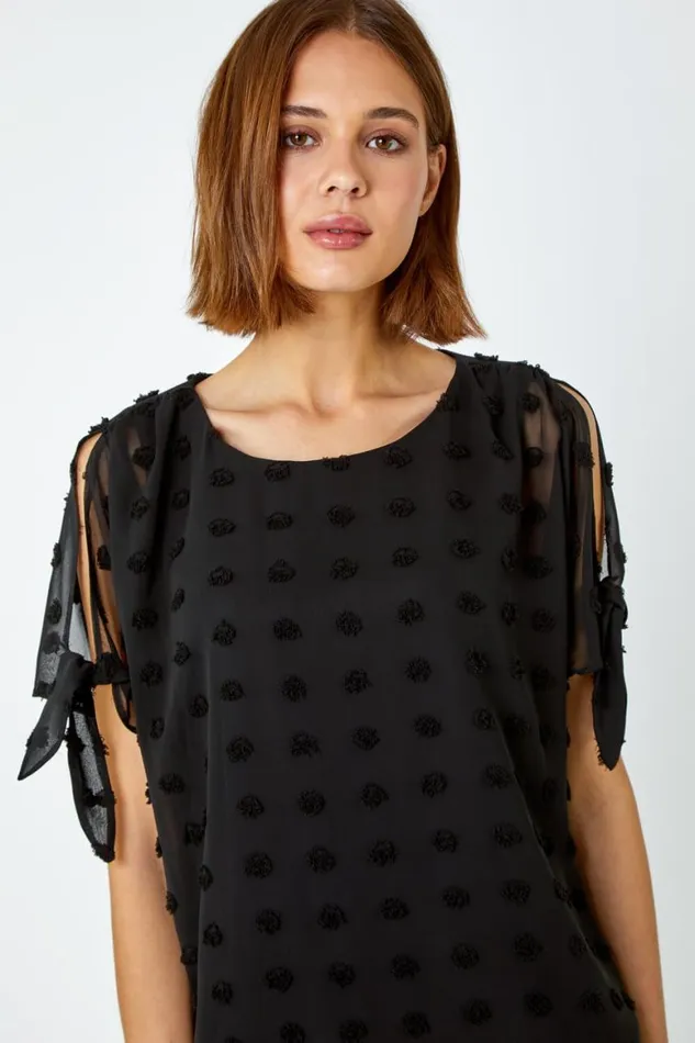 Women Black Textured Spot Split Sleeve Chiffon Top Roman Tops