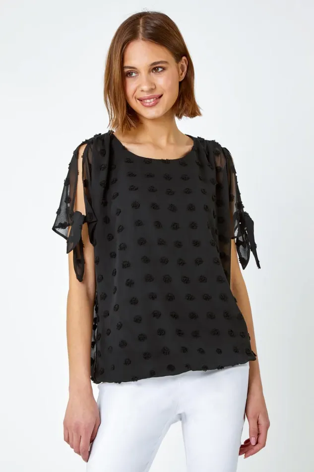 Women Black Textured Spot Split Sleeve Chiffon Top Roman Tops