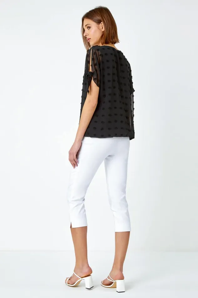 Women Black Textured Spot Split Sleeve Chiffon Top Roman Tops