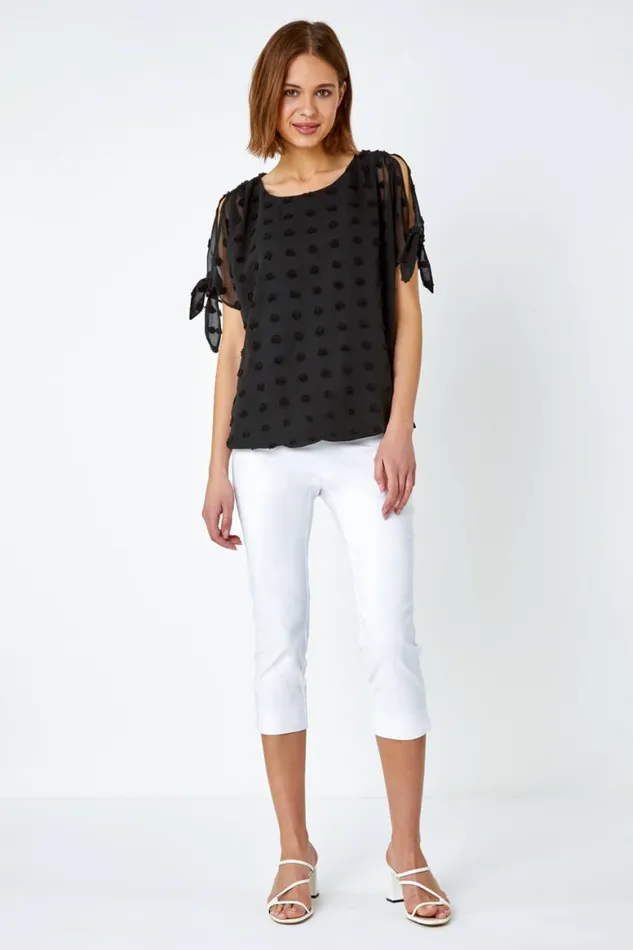 Women Black Textured Spot Split Sleeve Chiffon Top Roman Tops
