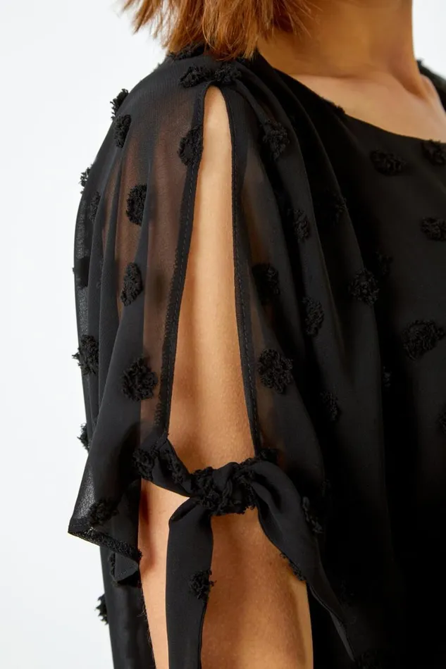 Women Black Textured Spot Split Sleeve Chiffon Top Roman Tops