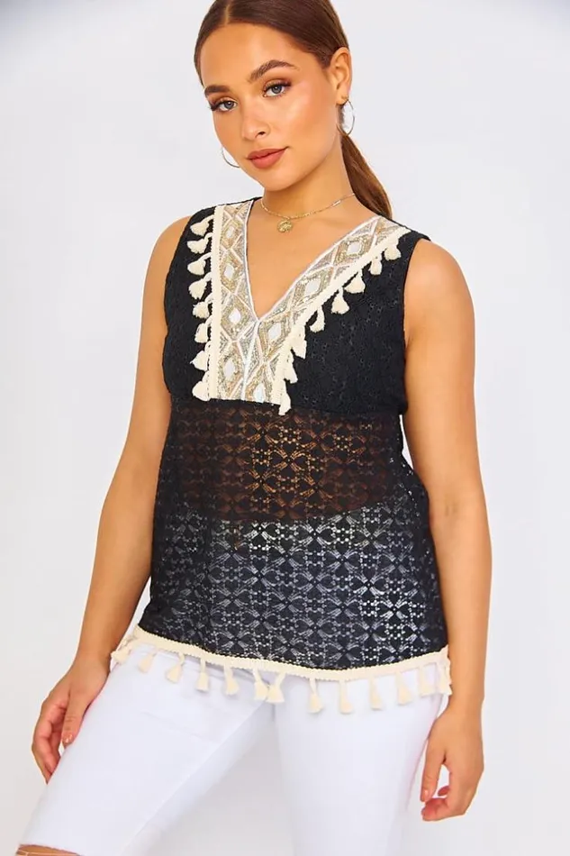 Women Black Top With Sequins And Pompoms Black Brentiny Paris Top And Tank Tops
