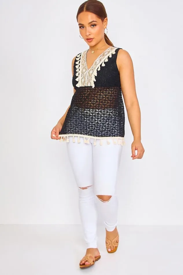 Women Black Top With Sequins And Pompoms Black Brentiny Paris Top And Tank Tops