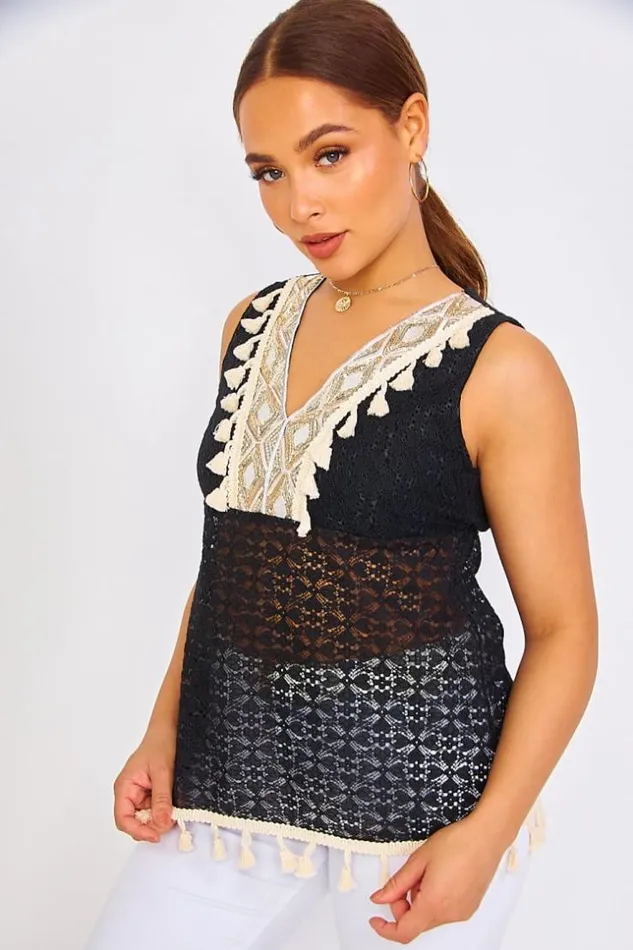 Women Black Top With Sequins And Pompoms Black Brentiny Paris Top And Tank Tops