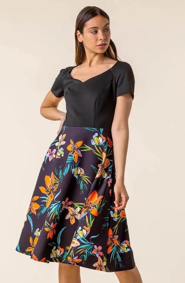 Women Black Tropical Print Fit and Flare Dress Roman Dresses