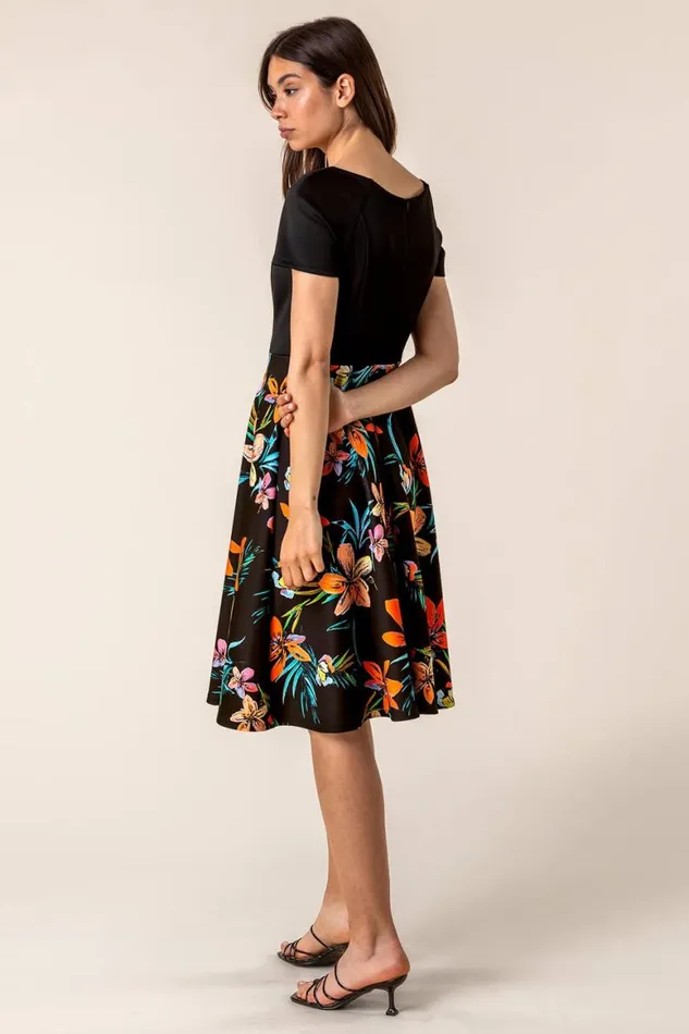 Women Black Tropical Print Fit and Flare Dress Roman Dresses