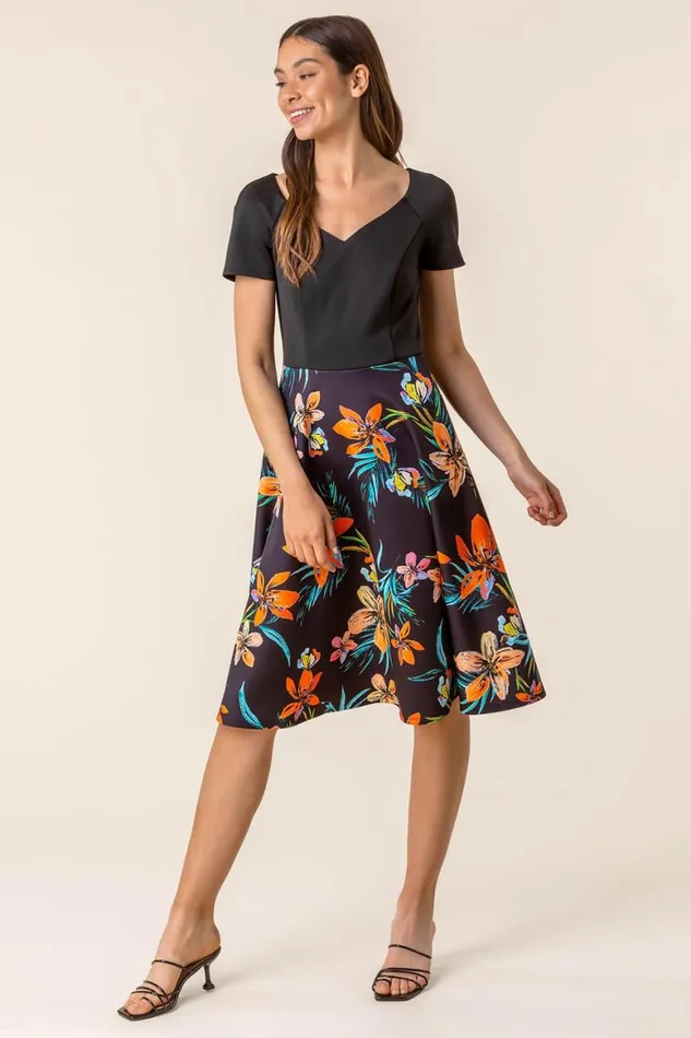 Women Black Tropical Print Fit and Flare Dress Roman Dresses