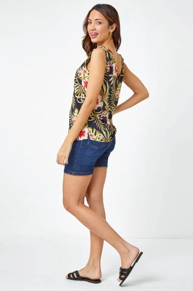 Women Black Tropical Print VNeck Chiffon Cami Vest Top Roman Tops