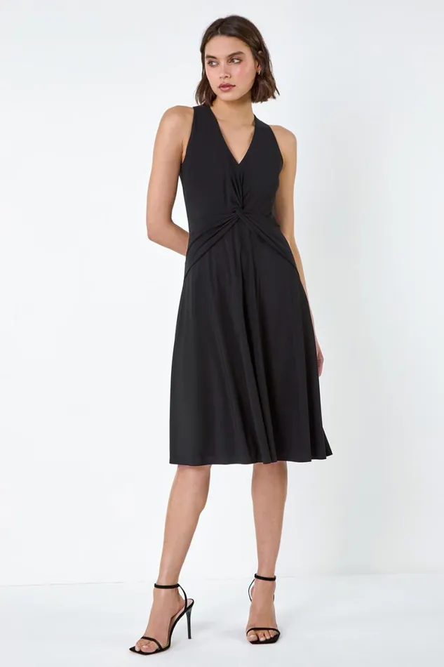 Women Black Twist Front Stretch Dress Roman Occasionwear