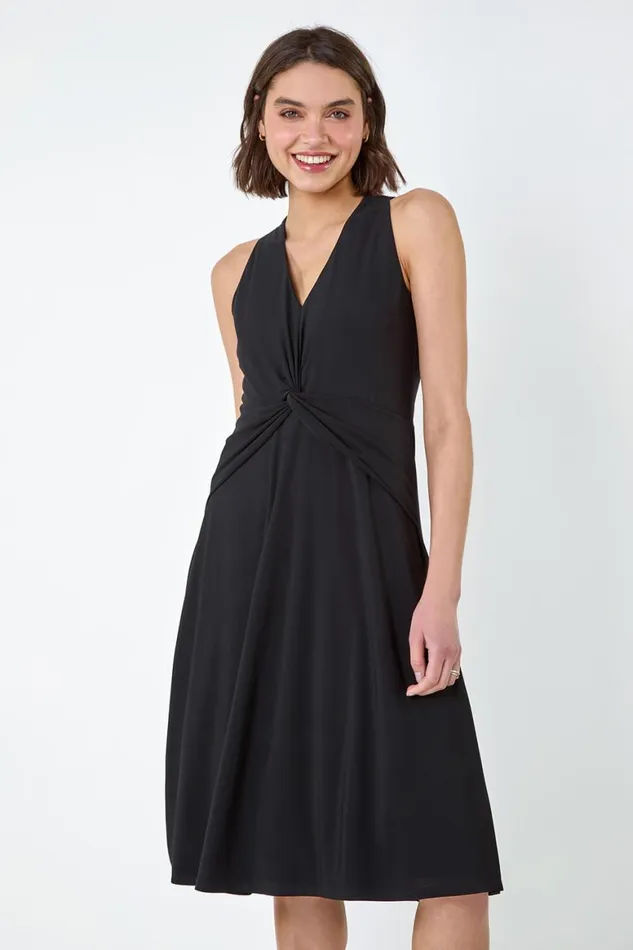 Women Black Twist Front Stretch Dress Roman Occasionwear