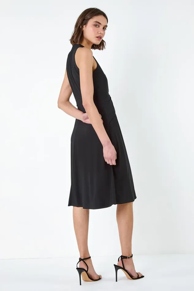 Women Black Twist Front Stretch Dress Roman Occasionwear