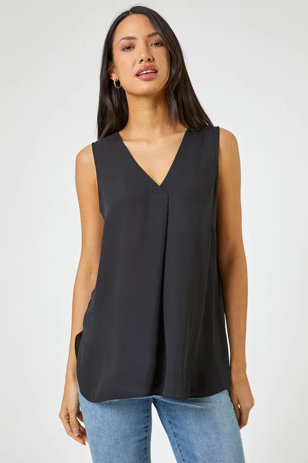 Women Black VNeck Pleat Tunic Tank Top Roman Tops