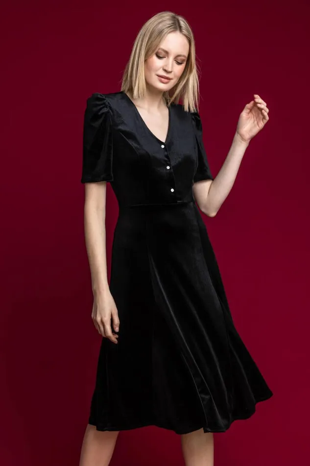 Women Black Velvet Button Detail Midi Dress Roman Dresses