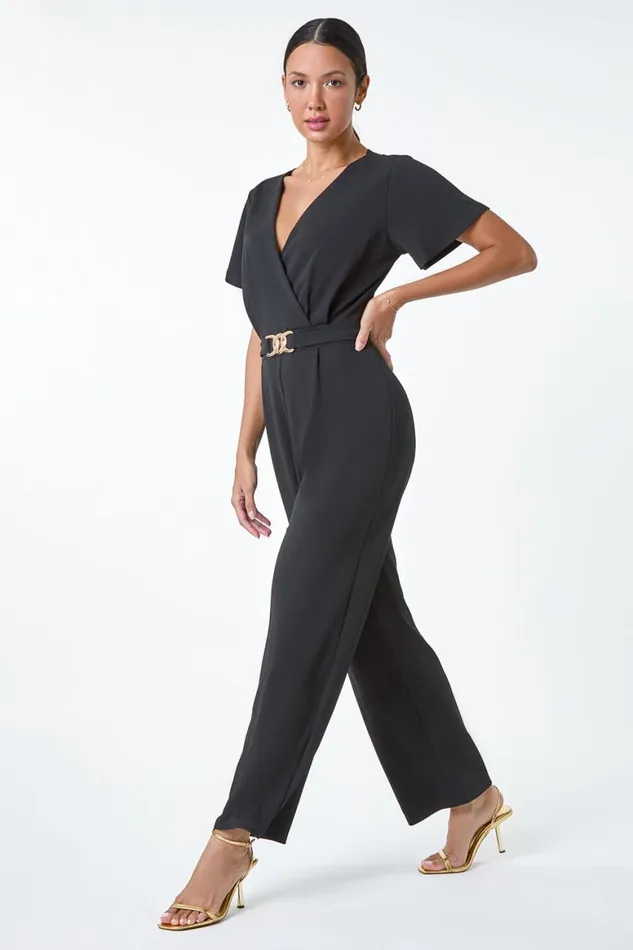 Women Black Wide Leg Metallic Buckle Stretch Jumpsuit Roman Dresses