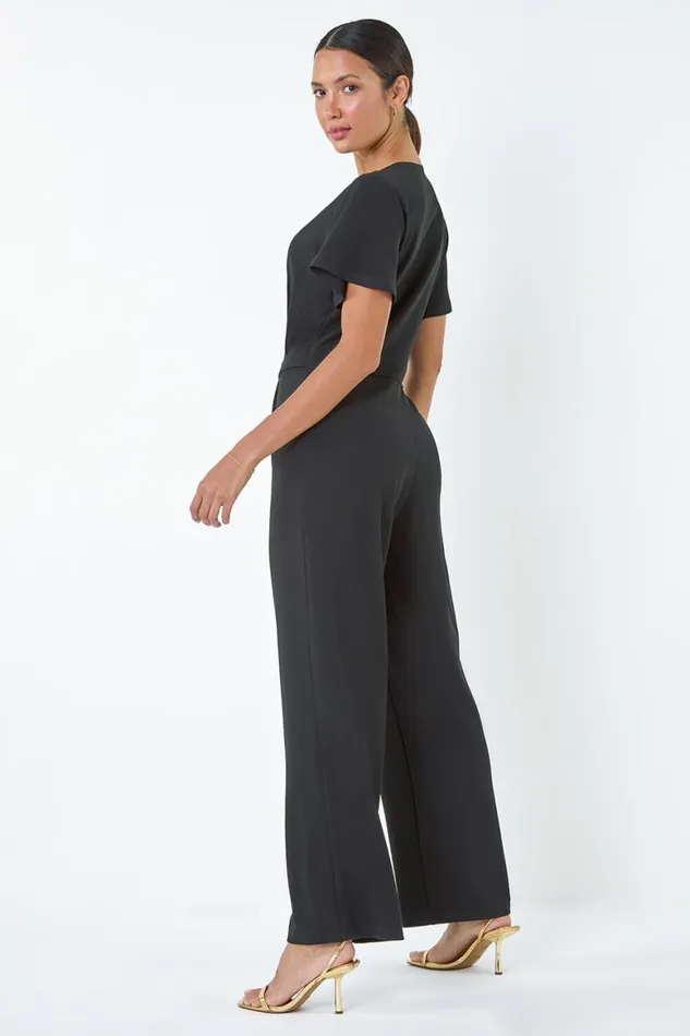 Women Black Wide Leg Metallic Buckle Stretch Jumpsuit Roman Dresses