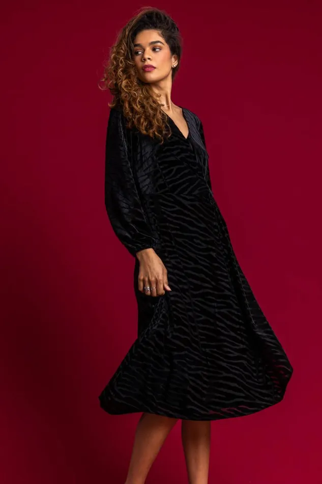 Women Black Zebra Print Burnout Ruched Wrap Dress Roman Dresses
