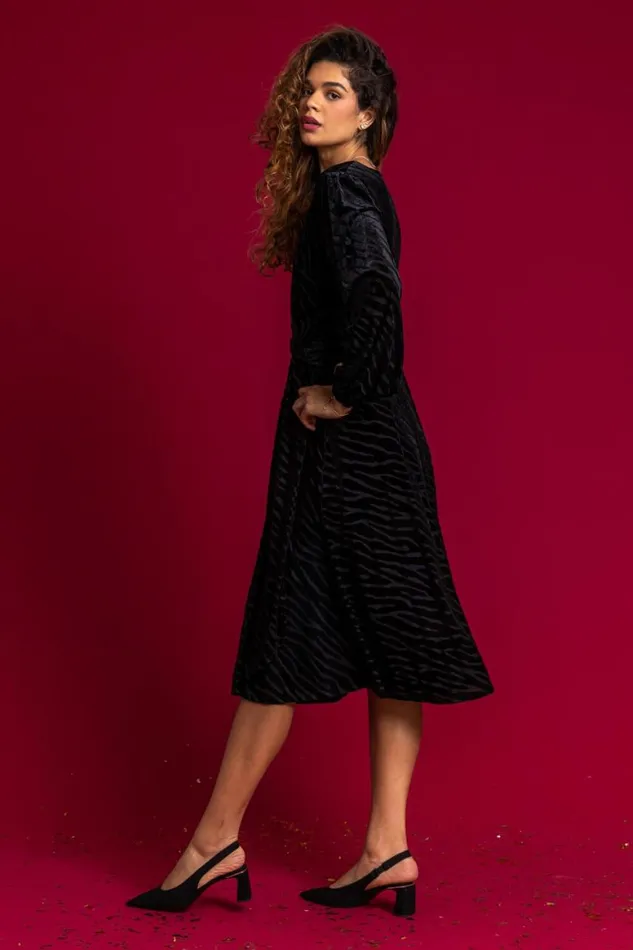 Women Black Zebra Print Burnout Ruched Wrap Dress Roman Dresses