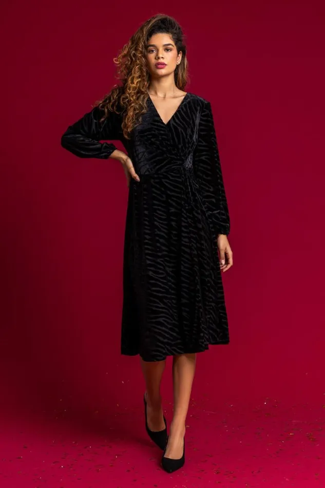 Women Black Zebra Print Burnout Ruched Wrap Dress Roman Dresses
