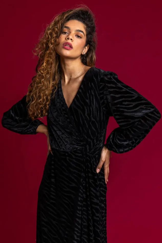 Women Black Zebra Print Burnout Ruched Wrap Dress Roman Dresses