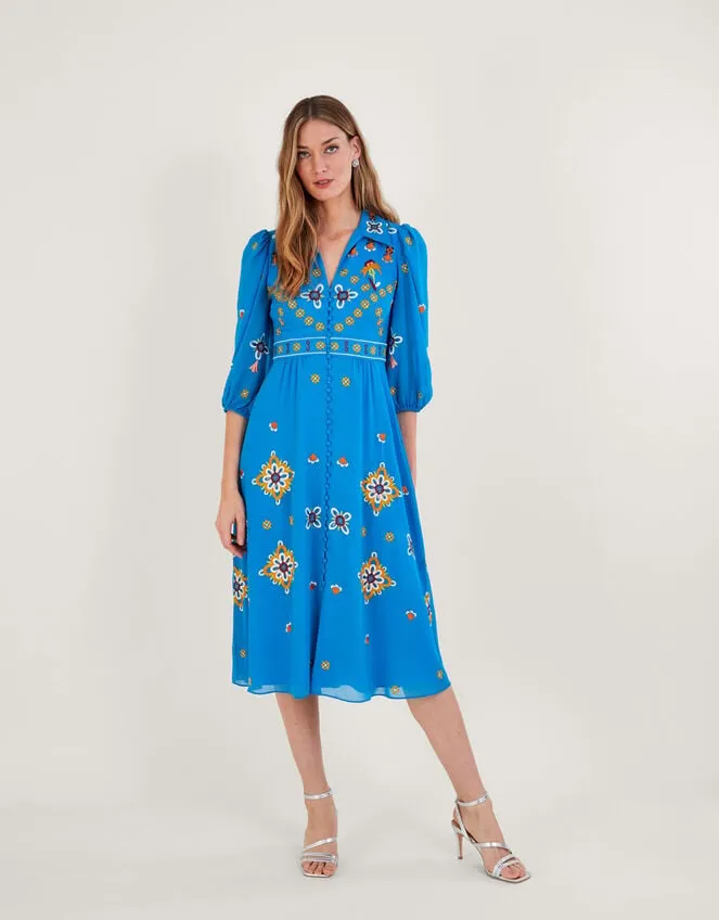 Women Blair Embroidered Shirt Dress In Recycled Polyester Blue Monsoon Occasionwear