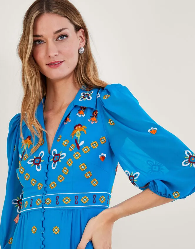 Women Blair Embroidered Shirt Dress In Recycled Polyester Blue Monsoon Occasionwear