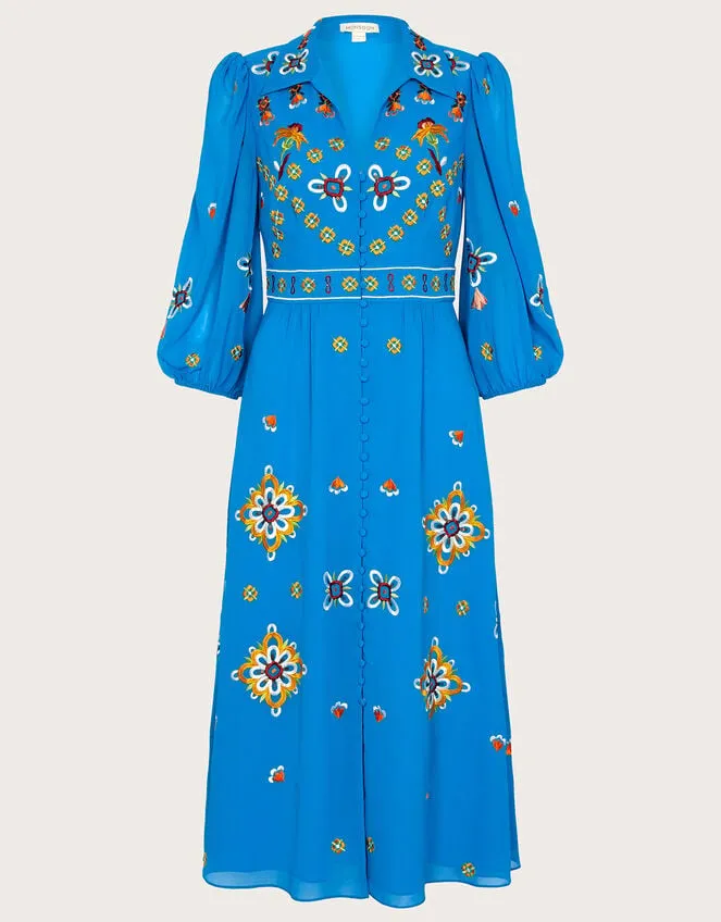Women Blair Embroidered Shirt Dress In Recycled Polyester Blue Monsoon Occasionwear