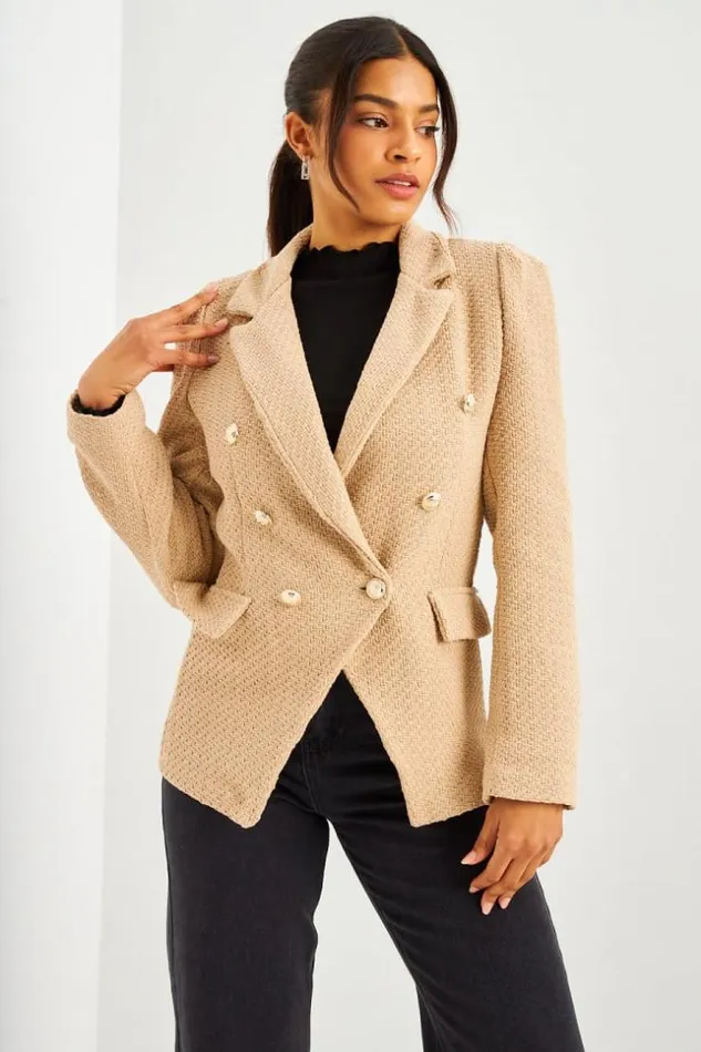 Women Blazer Beige Aspect Tweed Boutons Perles Beige Brentiny Paris Jackets