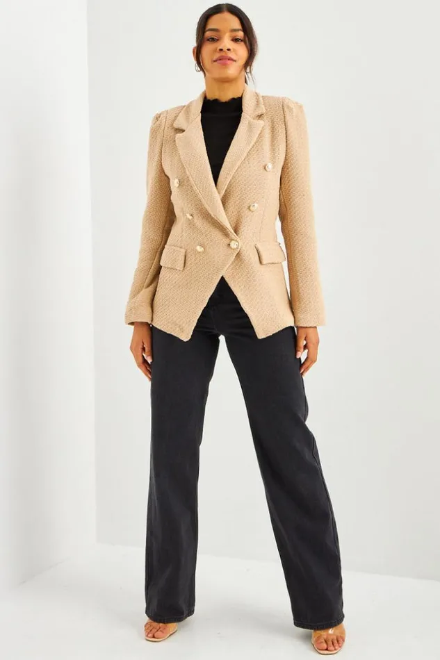 Women Blazer Beige Aspect Tweed Boutons Perles Beige Brentiny Paris Jackets