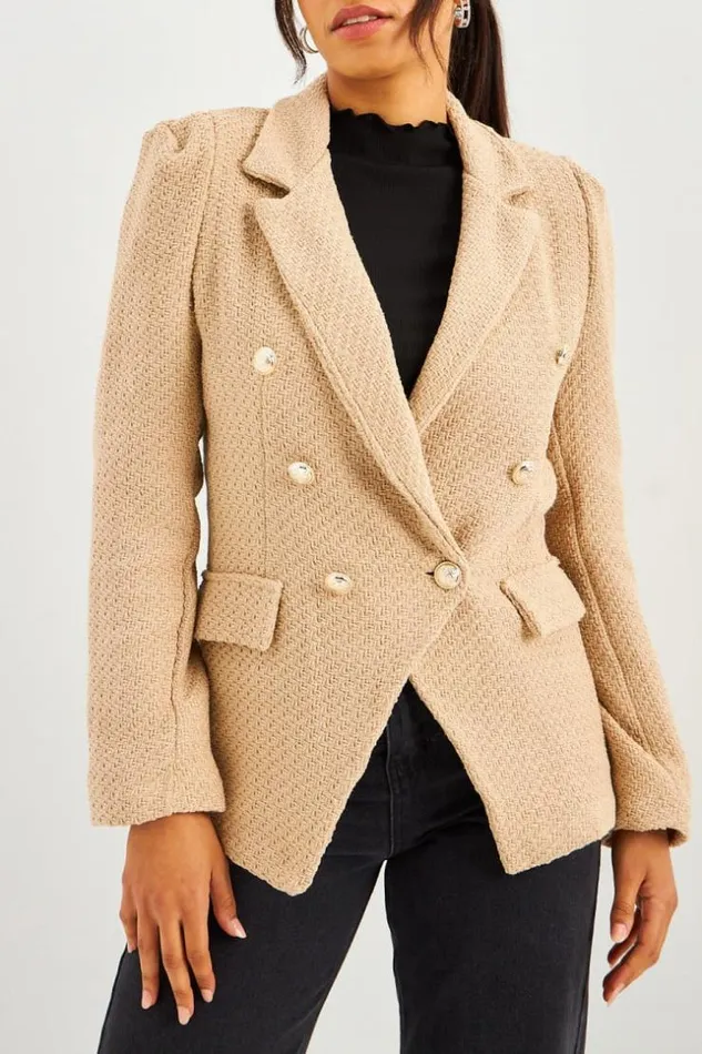 Women Blazer Beige Aspect Tweed Boutons Perles Beige Brentiny Paris Jackets