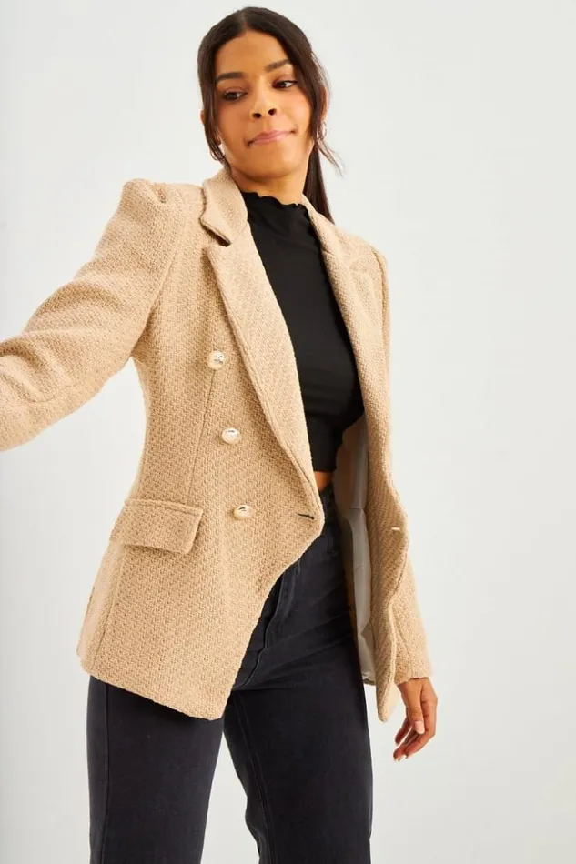 Women Blazer Beige Aspect Tweed Boutons Perles Beige Brentiny Paris Jackets