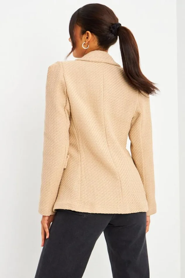 Women Blazer Beige Aspect Tweed Boutons Perles Beige Brentiny Paris Jackets
