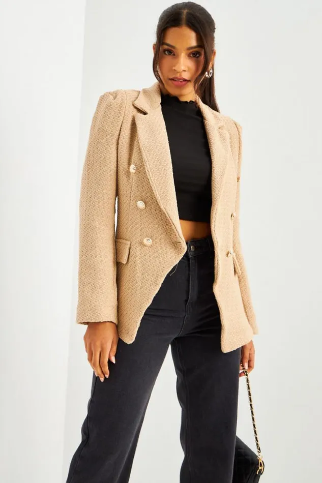 Women Blazer Beige Aspect Tweed Boutons Perles Beige Brentiny Paris Jackets